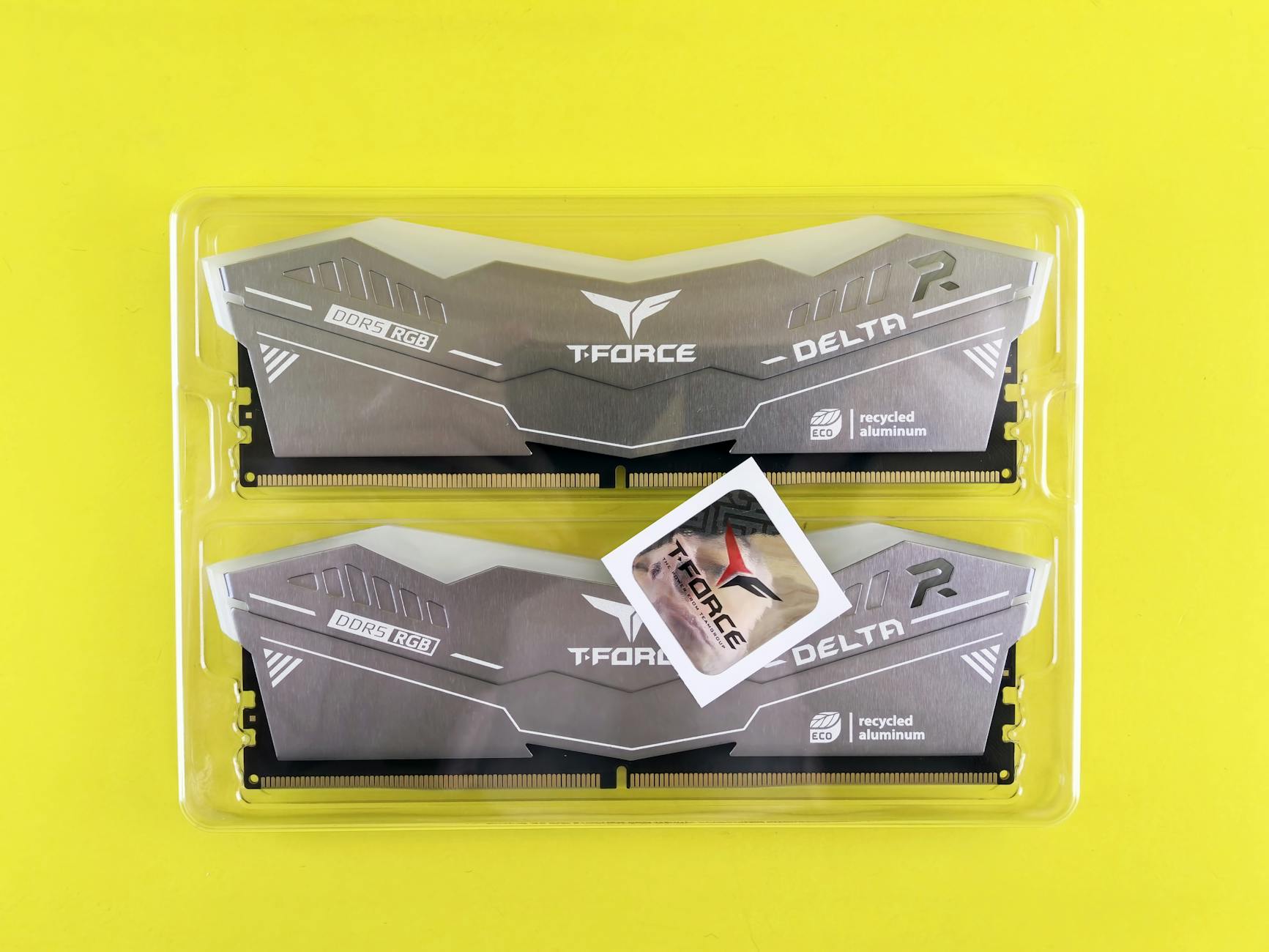 High-performance T-FORCE DDR5 RGB RAM modules with eco-friendly design in packaging.